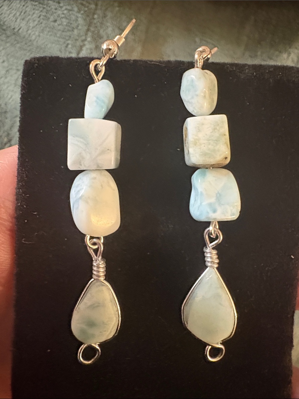 Hand Crafted Pale Blue Larimar Drop Earrings with Silver Accents